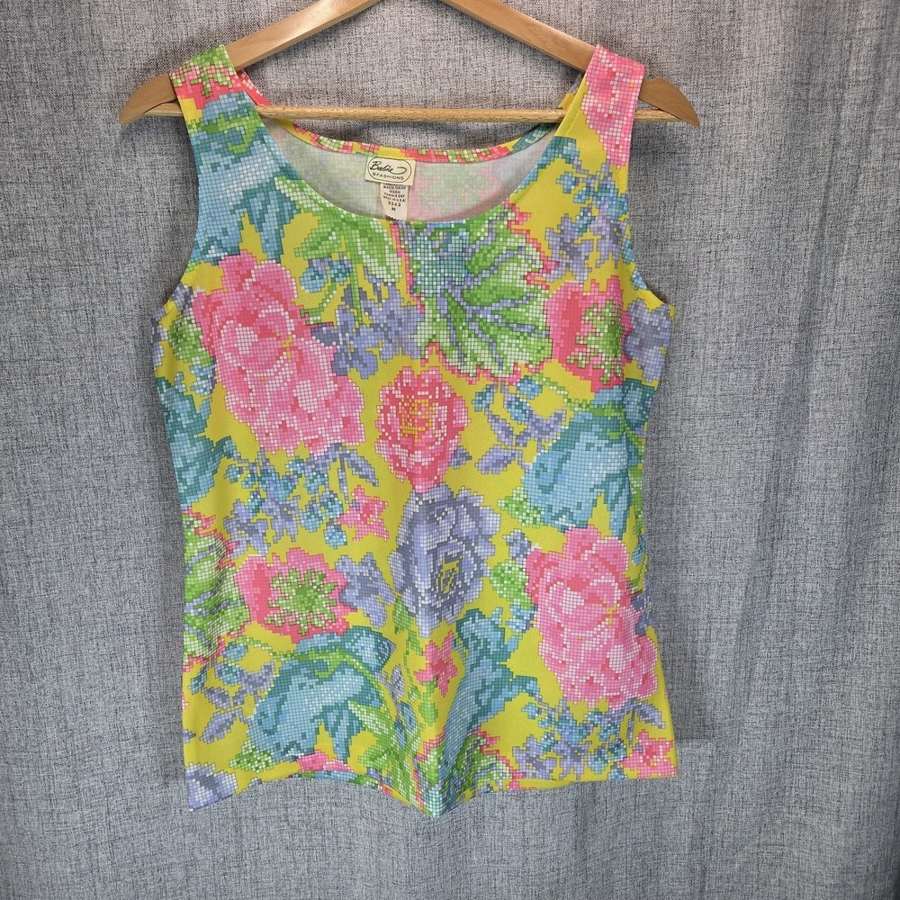 Vintage Beeline Womens Tank Top 1970s Pastel Floral Pixilated Psychedelic Medium